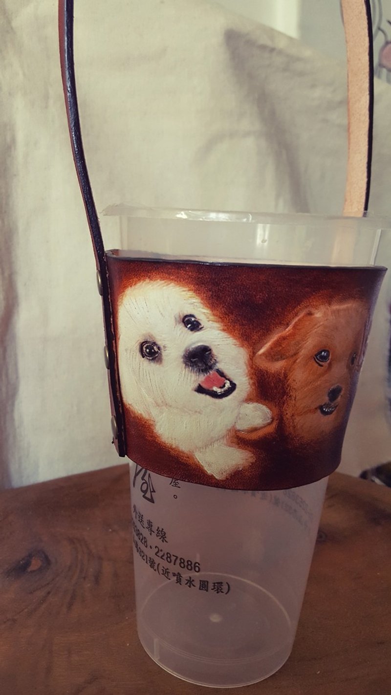 Custom-made pet dog coffee beverages, environmentally friendly pure leather cup sleeves, accompanying cup bags (customized lovers, birthday gifts) - ถุงใส่กระติกนำ้ - หนังแท้ สีส้ม