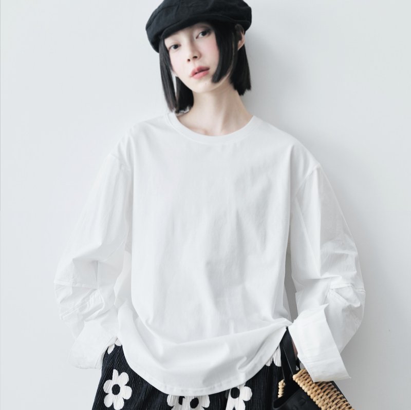 Japanese pure cotton white long-sleeved top/shirt - Women's Tops - Cotton & Hemp White