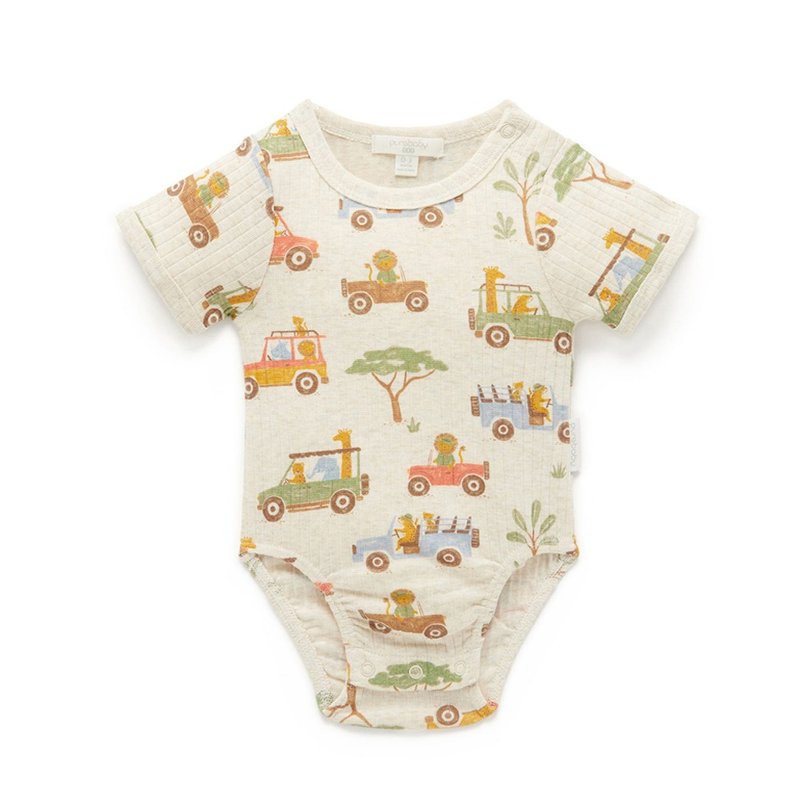 Australian Purebaby organic cotton baby short-sleeved onesies/newborn jumpsuit with car print - Onesies - Cotton & Hemp 