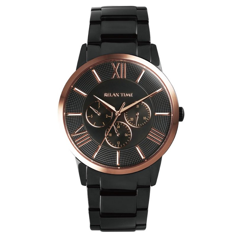RELAX TIME スリーアイズブラックキングローズゴールド(RT-81-6) - 男女兼用（ユニセックス）腕時計 - ステンレススチール ブラック