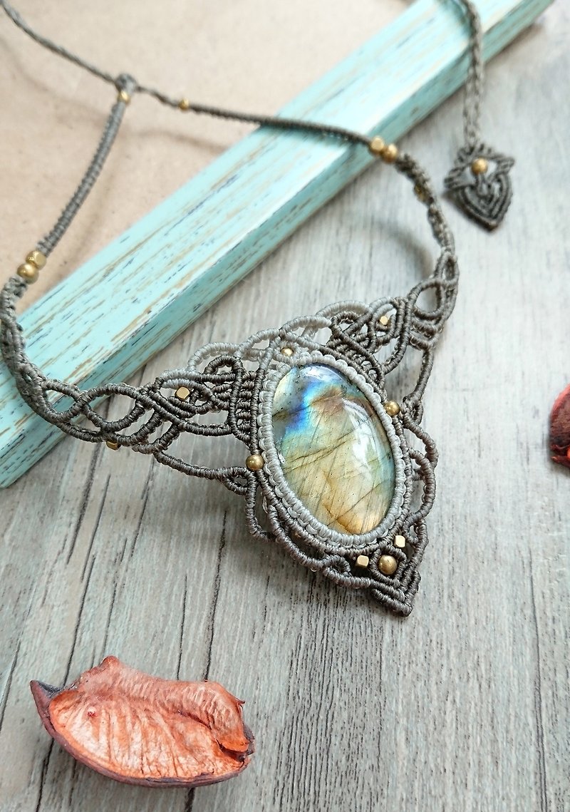 N57 Boho ethnic style South American wax line Braided Labradorite Necklace Clavicle Necklace - Chokers - Other Materials Gray