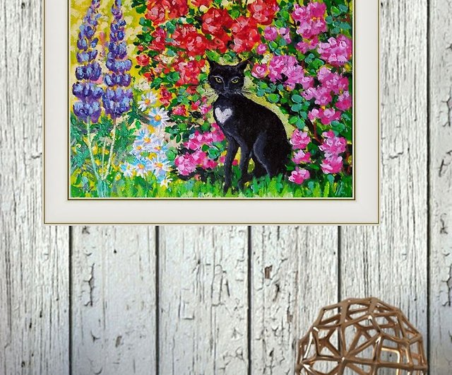 黒猫の絵花オリジナルアート庭の動物バラ猫愛好家小さなアート