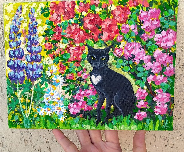 黒猫の絵花オリジナルアート庭の動物バラ猫愛好家小さなアート