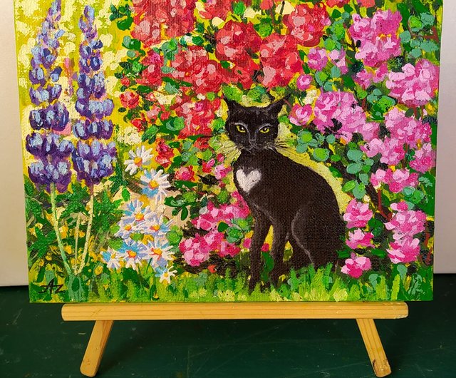 黒猫の絵花オリジナルアート庭の動物バラ猫愛好家小さなアート