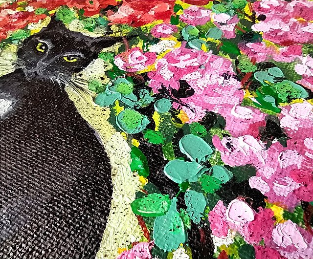 黒猫の絵花オリジナルアート庭の動物バラ猫愛好家小さなアート 