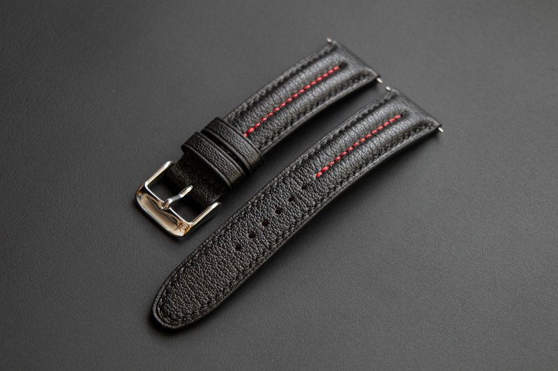 Watch strap with double ridge padding of Alran goatskin leather in Black (MTO) - Watchbands - Genuine Leather Black