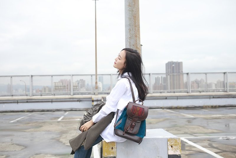 Mochita ethnic style suede backpack indigo - Backpacks - Genuine Leather Blue
