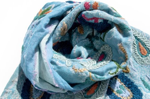 omhandmade 微暇喀什米爾Cashmere/水煮羊毛披肩/針織圍巾/刺繡圍巾/羊絨-花