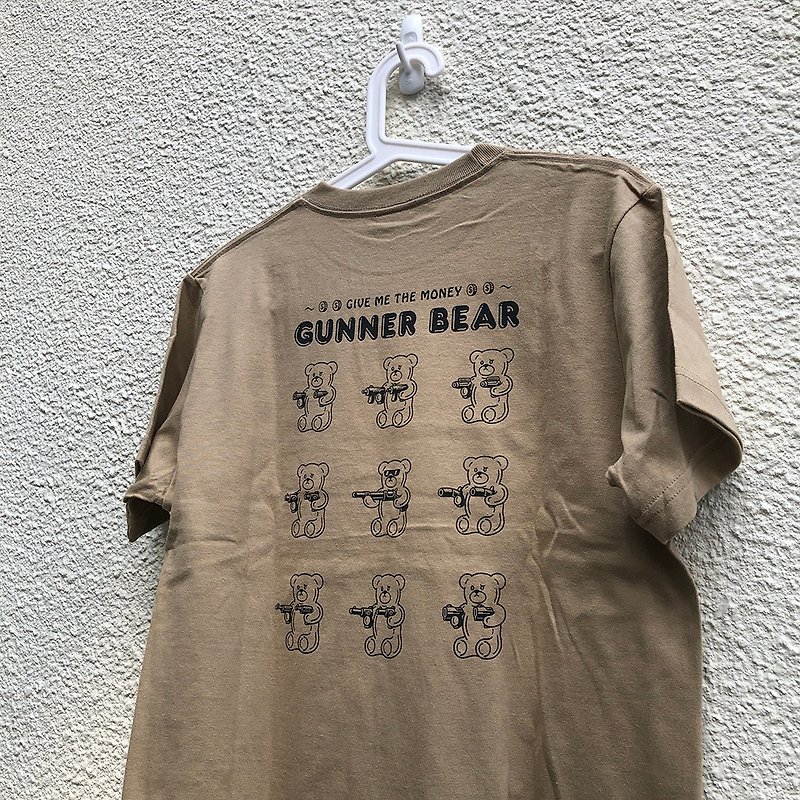 GUNNER BEAR Tシャツ / ハンドメイドシルクプリント - Tシャツ - コットン・麻 ホワイト