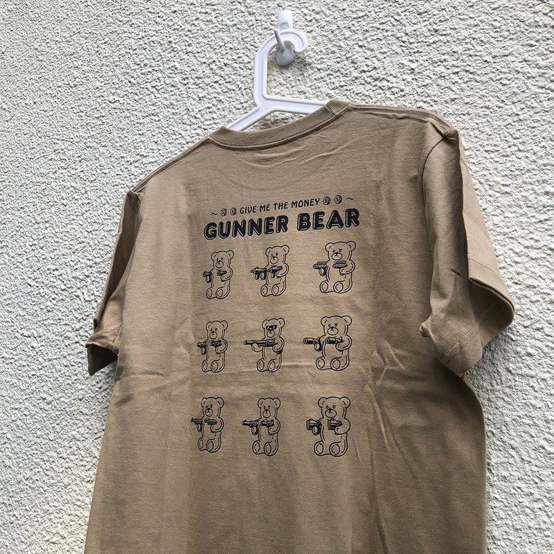 GUNNER BEAR Tシャツ / ハンドメイドシルクプリント - Tシャツ - コットン・麻 ホワイト