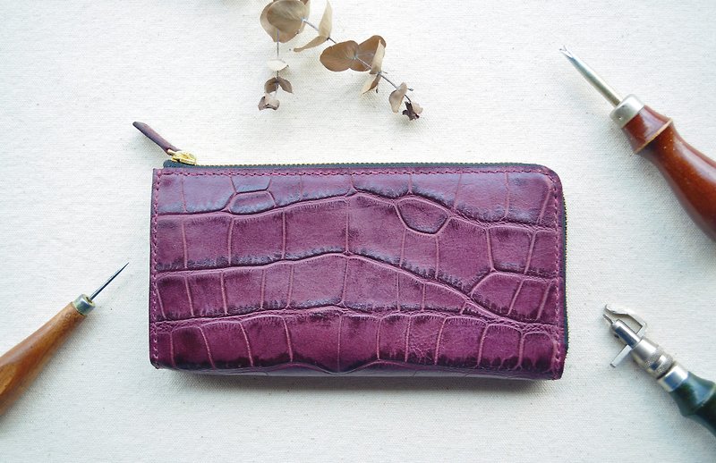 L-shaped long zipper clip-burgundy (crocodile embossed vegetable tanned leather) - Wallets - Genuine Leather 