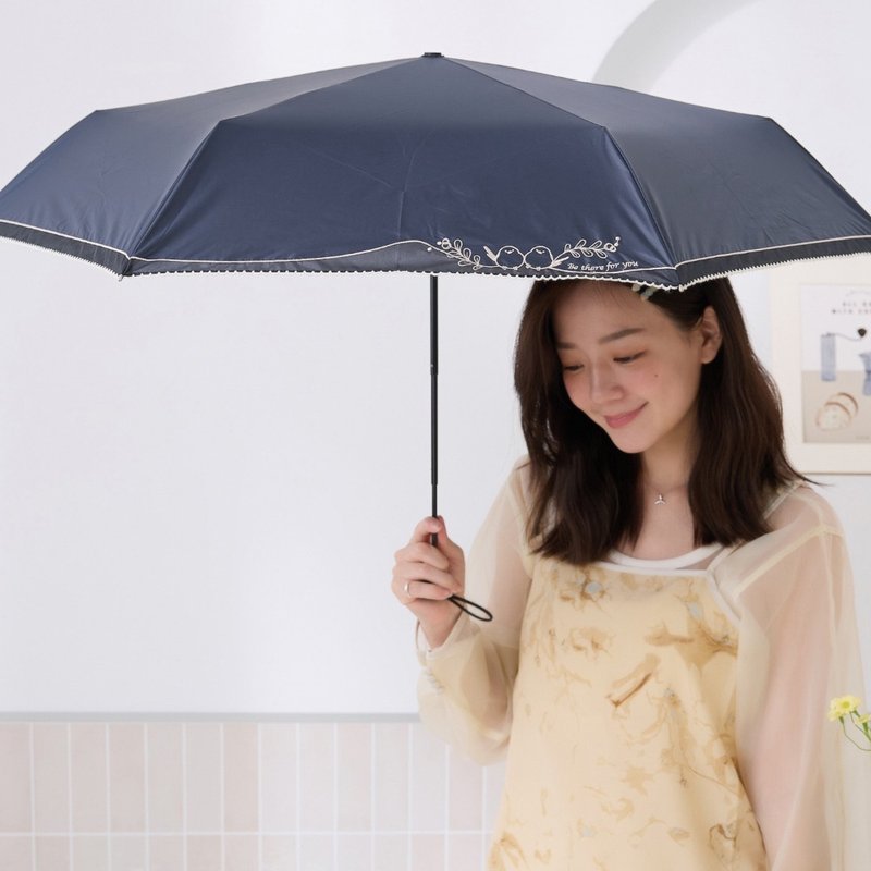 【rento】防曬黑膠拼接迷你傘-刺繡山雀(深藍) - 雨傘/雨衣 - 防水材質 藍色