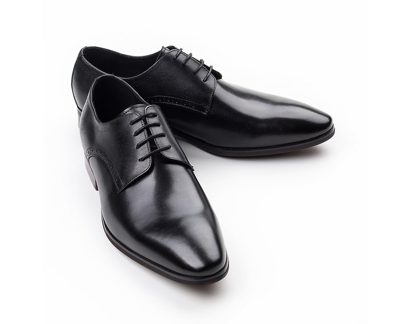 [Amadeus] Hand-painted classic black pointed plain Derby shoes - รองเท้าหนังผู้ชาย - หนังแท้ 