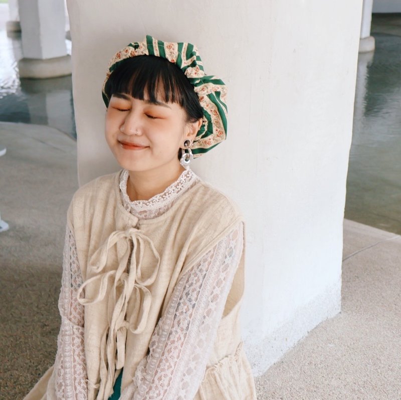 Pumpkin beret/floral stripes - หมวก - ผ้าฝ้าย/ผ้าลินิน 