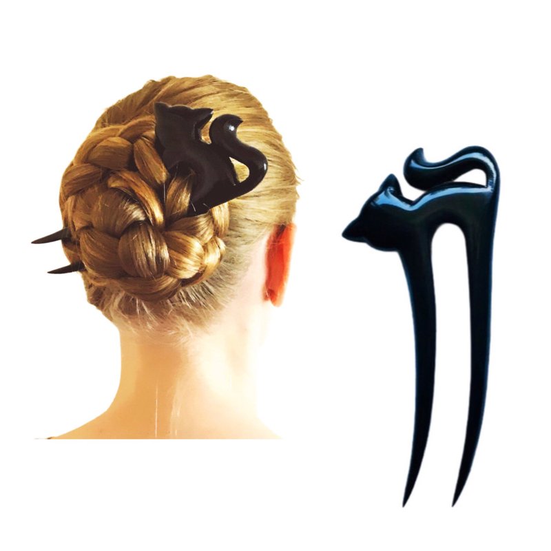 Wooden Hair Pin Black Cat, U Shaped hair fork, Barrette with Animal, Bun Holder - 髮圈/髮夾 - 木頭 黑色