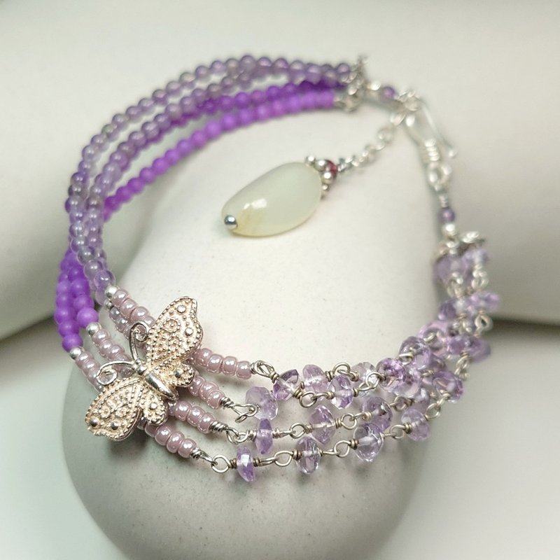 Bracelet amethyst purple mica and field white jade glass beads 925 silver jewelry hand jewelry Stone butterfly - Bracelets - Gemstone Purple