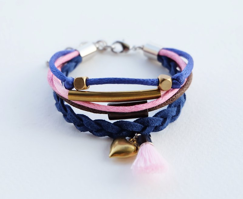 MultiLayer bracelet in navy blue/pink/dark brown with brass heart pink tassel - Bracelets - Other Materials Pink