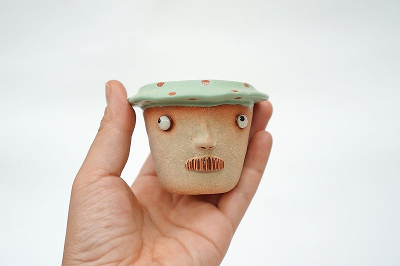 Funny Succulent planter set with uncle faces. - 擺飾/家飾品 - 陶 藍色