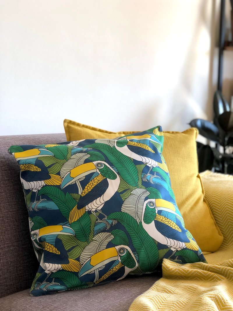 aLoveSupreme / South African text green hand-painted double-sided pillowcase _ blue toucan / mint green leaves - หมอน - ผ้าฝ้าย/ผ้าลินิน 