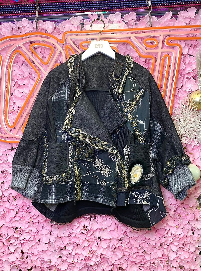 OTT Unique•Unique Japanese gorgeous black and gold hand-knitted embroidered denim jacket - เสื้อโค้ทผู้ชาย - ผ้าฝ้าย/ผ้าลินิน สีดำ