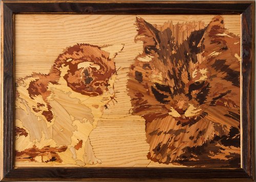 Woodins Cat and Kitten portrait inlay framed mosaic wood panel ready to hang home wall