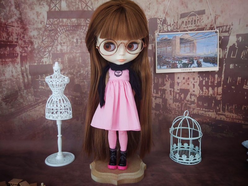 Set clothes for Blythe doll: pink dress, leather shoes, scarf, striped stockings - Kids' Toys - Cotton & Hemp Pink