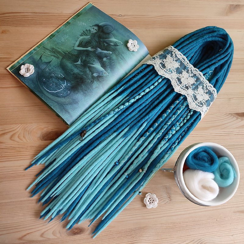 Wool Hair Accessories Blue - Wool Dreadlock Extensions Mermaid Aphrodite Blue Dreads Witch Kawaii Cosplay