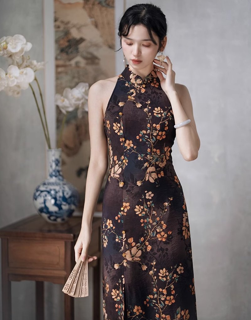 浮生夢 新中式復古掛脖改良旗袍 - 連身裙 - 其他材質 黑色