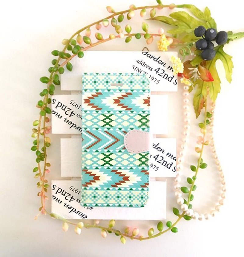 pajour) Cream turquoise Ortega pattern notebook type case without bijou [Autumn / Winter] [Triangle] - เคส/ซองมือถือ - หนังแท้ สีเขียว