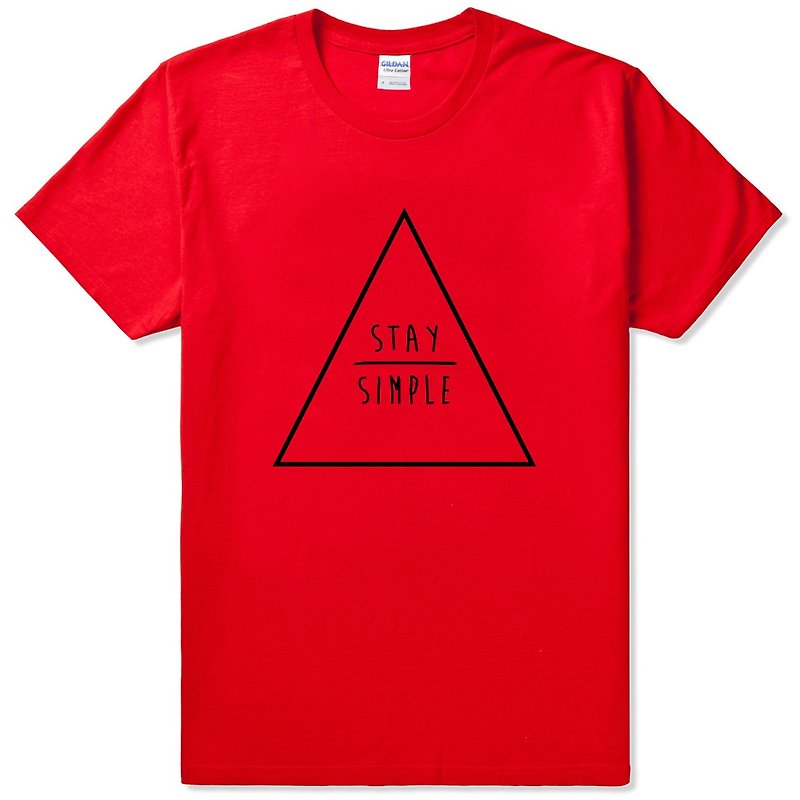 STAY SIMPLE Triangle Short Sleeve T-shirt Red Keep It Simple Triangle Geometric Design Homemade Brand Fashion Round Wenqing Hipster - เสื้อยืดผู้หญิง - ผ้าฝ้าย/ผ้าลินิน สีแดง