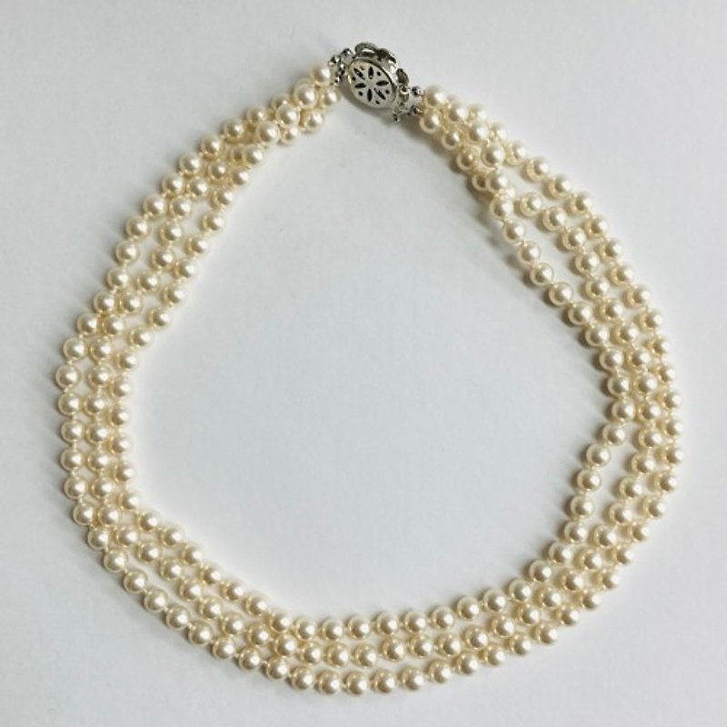 Shell pearl 3-strand all-knot necklace/6mm approx. 42/44.5cm/47cm/white beige/R/made in Japan - สร้อยคอ - วัสดุอื่นๆ ขาว