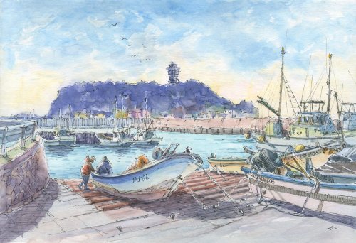 佐島漁港（水彩画） 漁船 : 夢色彩々―水彩画、スケッチ帳