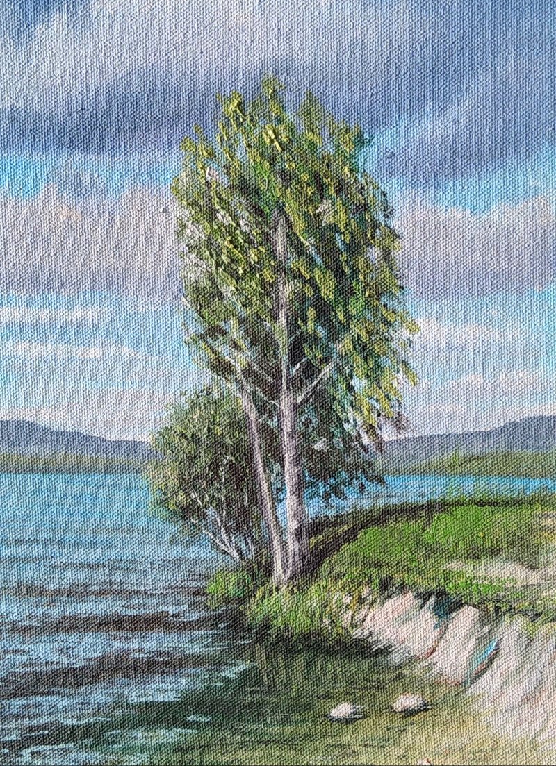 Birch Trees on River Painting Landscape Original Art River Scene Original Artwor - วาดภาพ/ศิลปะการเขียน - ลินิน 