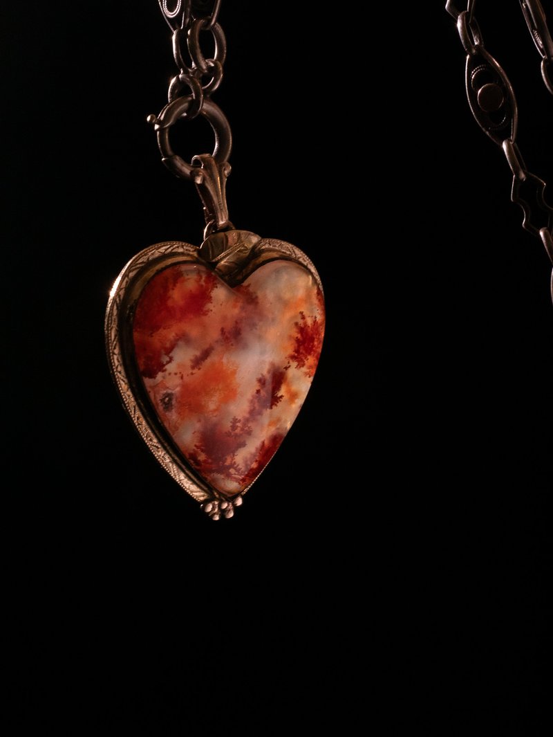 1930s modern American antique orange-red agate heart-shaped pendant - สร้อยคอ - โลหะ สีแดง