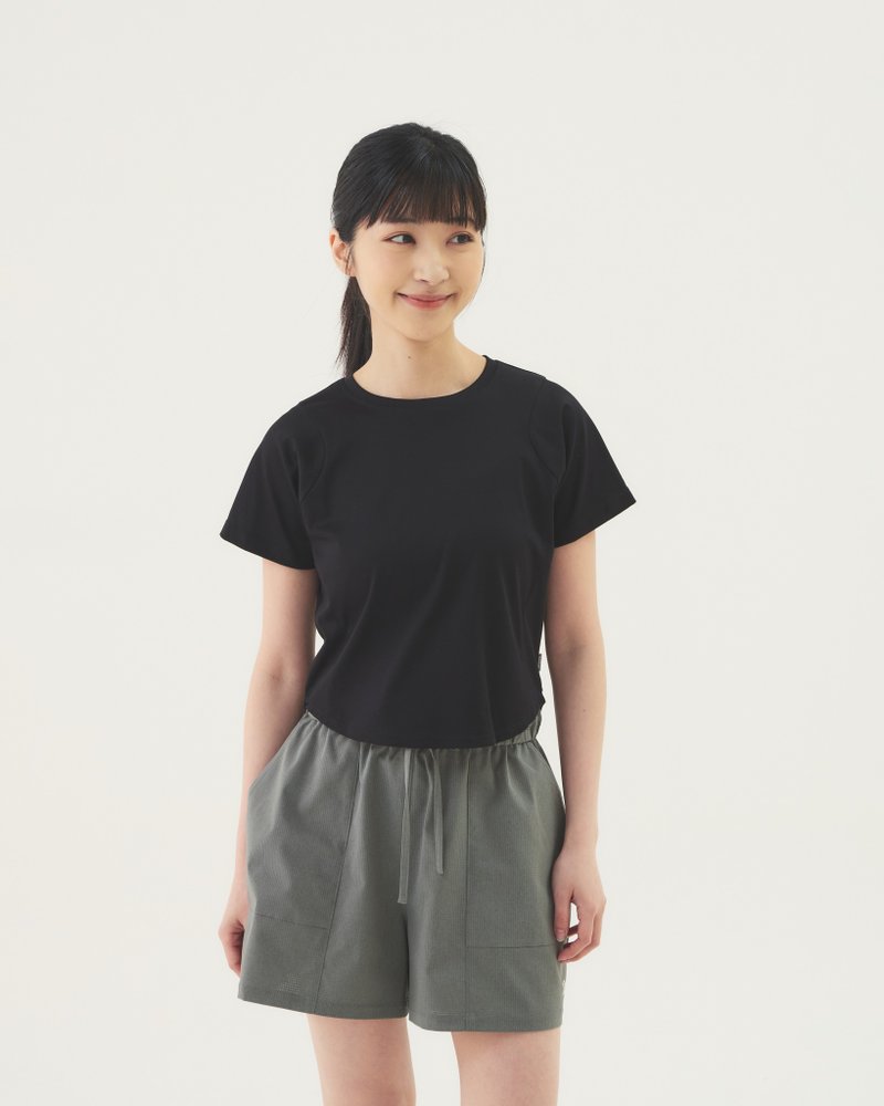 圓擺剪接短Tee - 女 T 恤 - 棉．麻 黑色