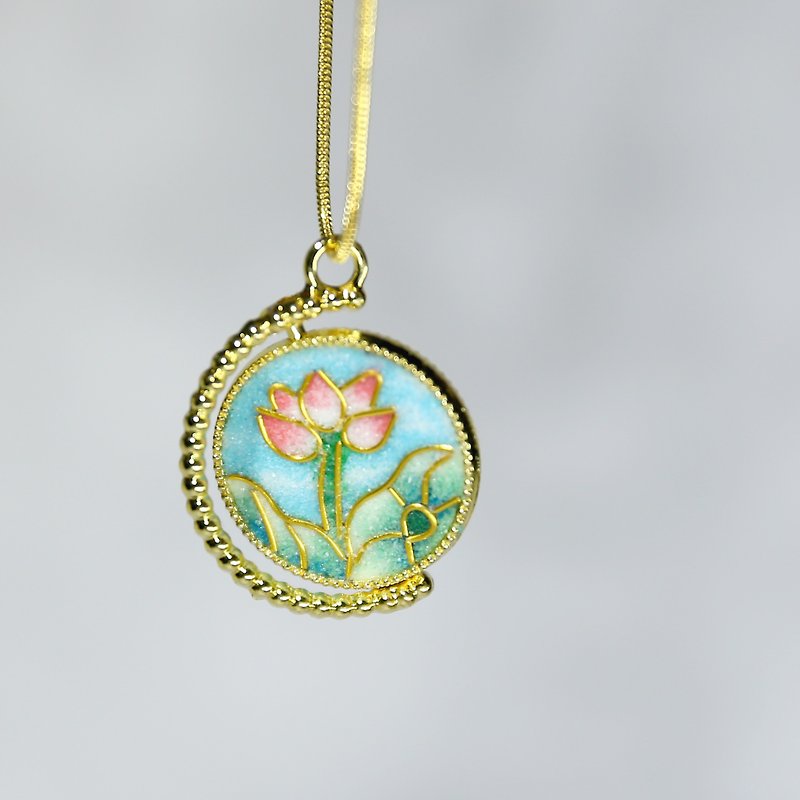100% hand-made cloisonne craft gold enamel ornaments double-sided flower and fish necklace - Necklaces - Semi-Precious Stones Gold