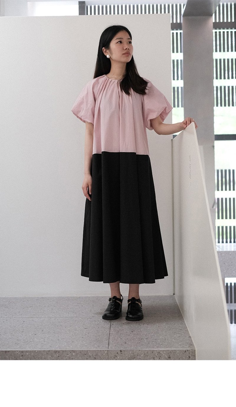 Solid Color Cotton Loose French Puff Sleeve Long Dress/Dress - ชุดเดรส - ผ้าฝ้าย/ผ้าลินิน 