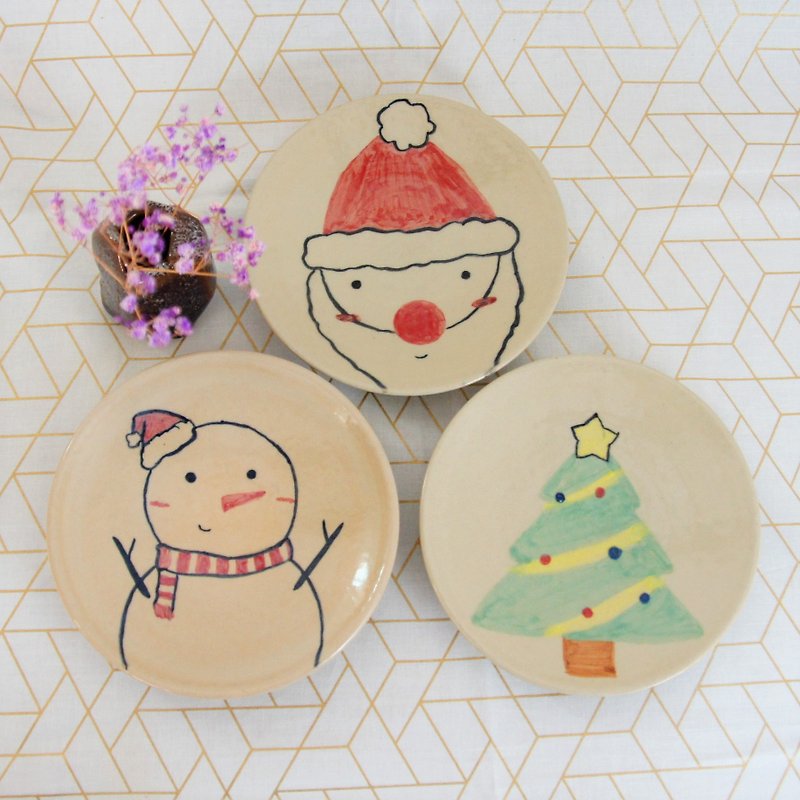可愛聖誕手繪陶盤,餐盤,菜盤,水果盤,點心盤-直徑約15公分 - 碟子/醬料碟 - 陶 多色