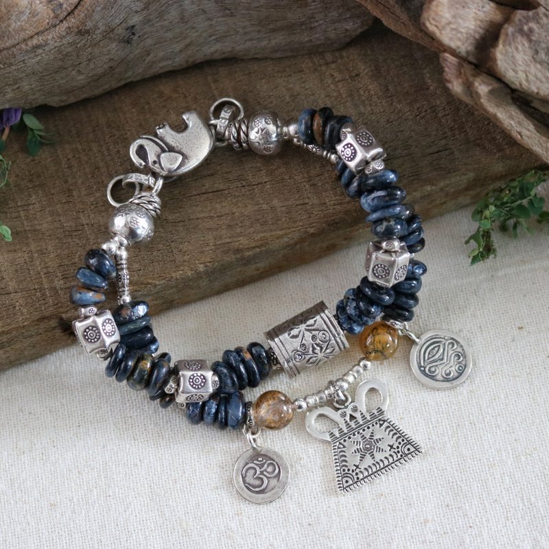 Natural Blue Pietersite Ethnic Boho Bracelet with Karen Hill Tribe Silver - สร้อยข้อมือ - เงินแท้ สีน้ำเงิน