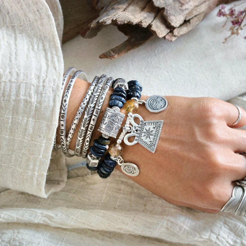 Natural Blue Pietersite Ethnic Boho Bracelet with Karen Hill Tribe Silver - Bracelets - Sterling Silver Blue