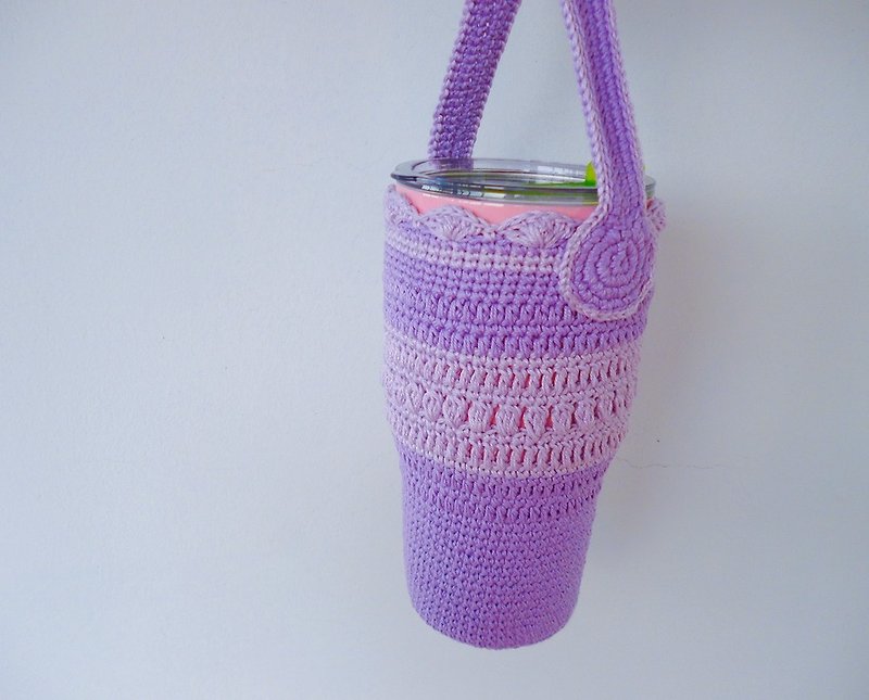 紫羅蘭花邊手鉤編織包 水壺袋 冰霸杯 環保袋 - 杯袋/飲料提袋 - 棉．麻 紫色