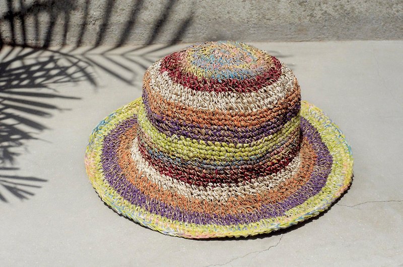 A limited edition of hand-woven cotton cap / knit cap / hat / visor / hat - knit striped rainbow forest - Hats & Caps - Cotton & Hemp Multicolor