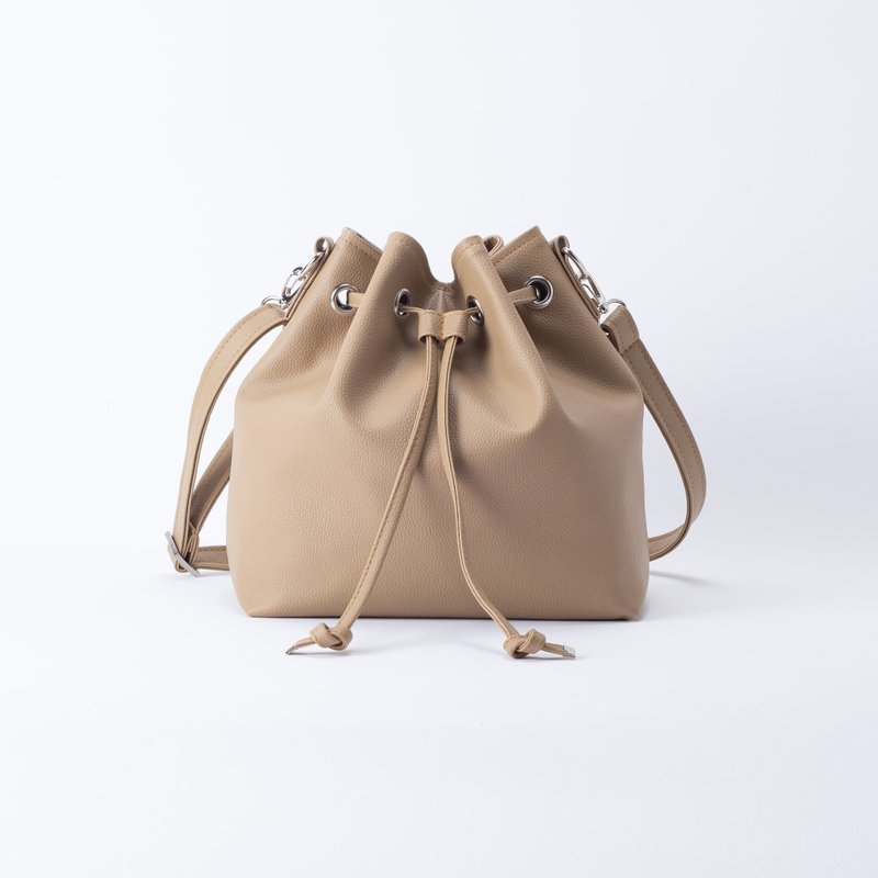 Comfortable Shoulder Bucket Bag - Camel - Drawstring Bags - Faux Leather Khaki