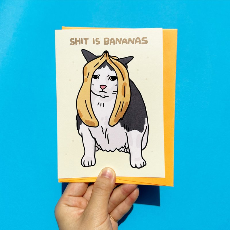 การ์ดอวยพรลายแมว Shit is bananas funny crazy congrats encouragement card - การ์ด/โปสการ์ด - กระดาษ 