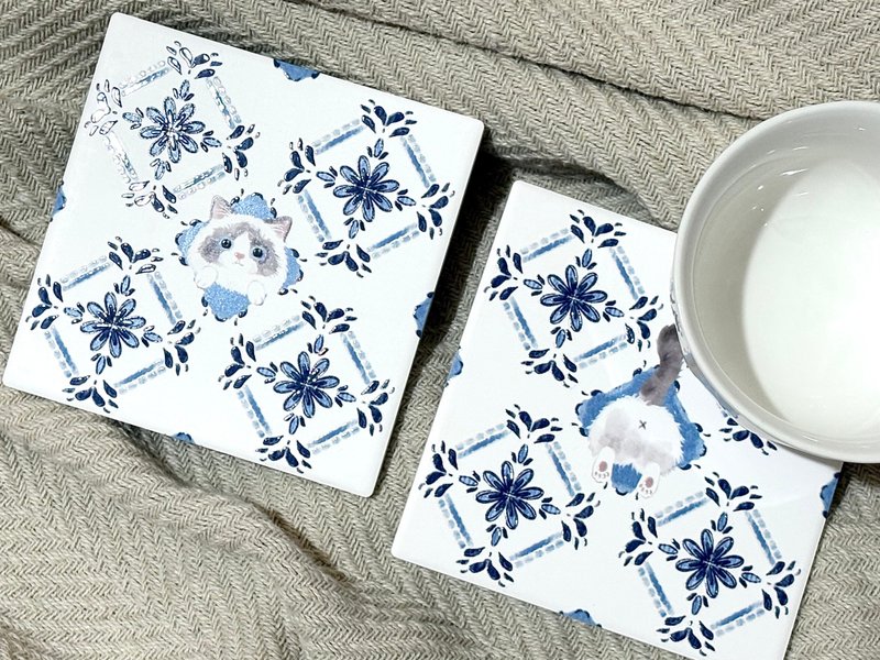 花磚躲貓貓杯墊 布偶貓屁屁組 | 婚禮小物 陶瓷 立體花紋 - 杯墊 - 陶 多色