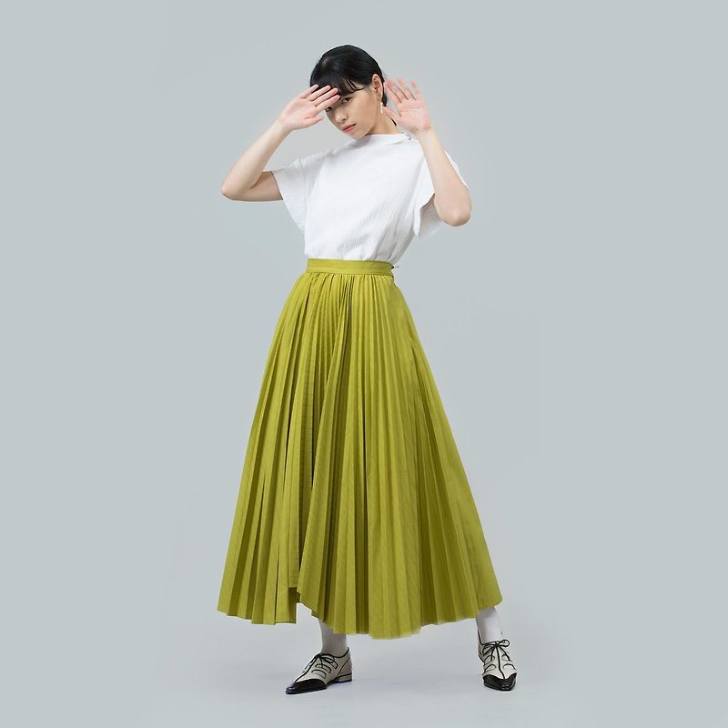 tan tan / green striped pleated skirt - กระโปรง - ผ้าฝ้าย/ผ้าลินิน สีเขียว