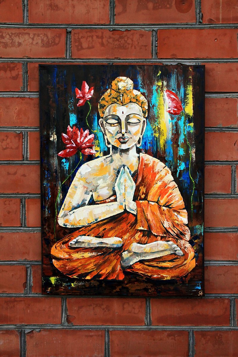 Buddha Painting Meditation Original Art Yoga Wall Art Indian Artwork Zen Decor - โปสเตอร์ - วัสดุอื่นๆ สีส้ม