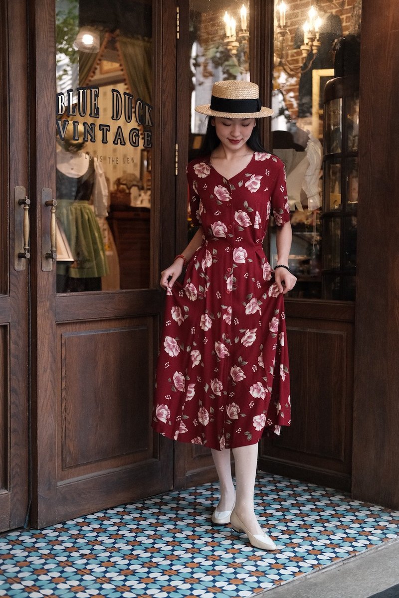 Vintage dress 紅色印花連衣裙古著洋裝 - 洋裝/連身裙 - 棉．麻 