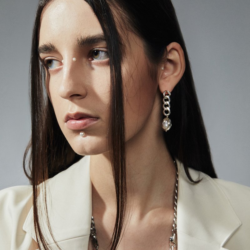 波賽頓鎖鍊珍珠耳環  Poseidon pearl drop chain earrings - 耳環/耳夾/耳骨夾 - 珍珠 
