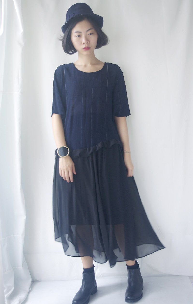 4.5studio- [Re;] - resyle retrofit ancient - neutral dark blue wrinkled chiffon dress - One Piece Dresses - Polyester Blue